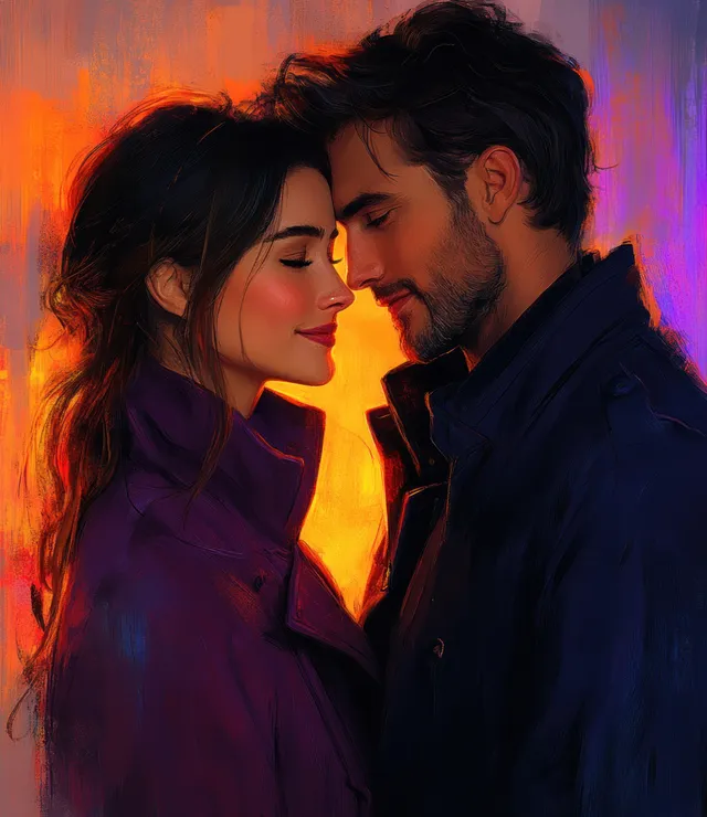 Two business characters stand close together with dramatic orange and purple lighting on a white background.