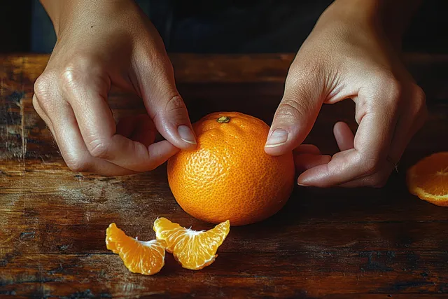 Hands peel an orange on a rustic wooden table with citrus segments and peel pieces visible.