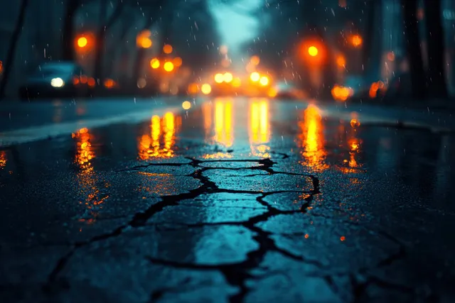 Wet cracked asphalt street at twilight with deep fissures and blurred glowing traffic lights in puddles.
