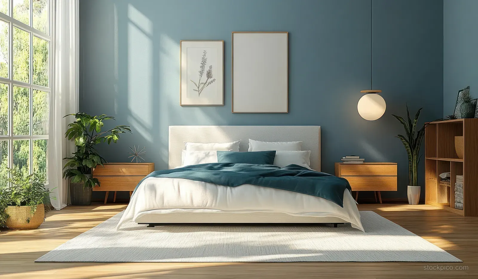 Sunlit minimalist bedroom with teal bedding, framed wall art, bedside tables, and a wooden parquet floor.