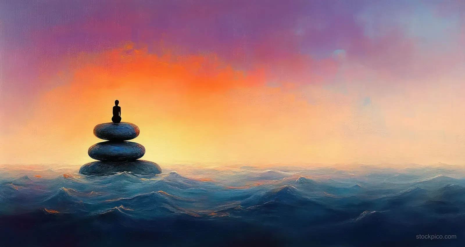 Silhouette sitting on balanced stones above ocean waves at sunset under orange and purple clouds.