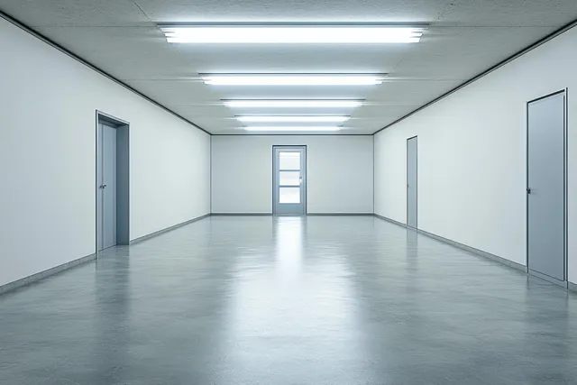 An empty brightly lit hallway with polished floor, white walls, and multiple closed doors.