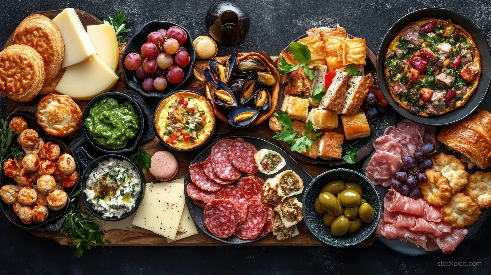 Charcuterie board packed with cured meats, cheese slices, olives, grapes, bread, and dips on a black surface.