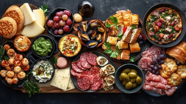 Charcuterie board packed with cured meats, cheese slices, olives, grapes, bread, and dips on a black surface.