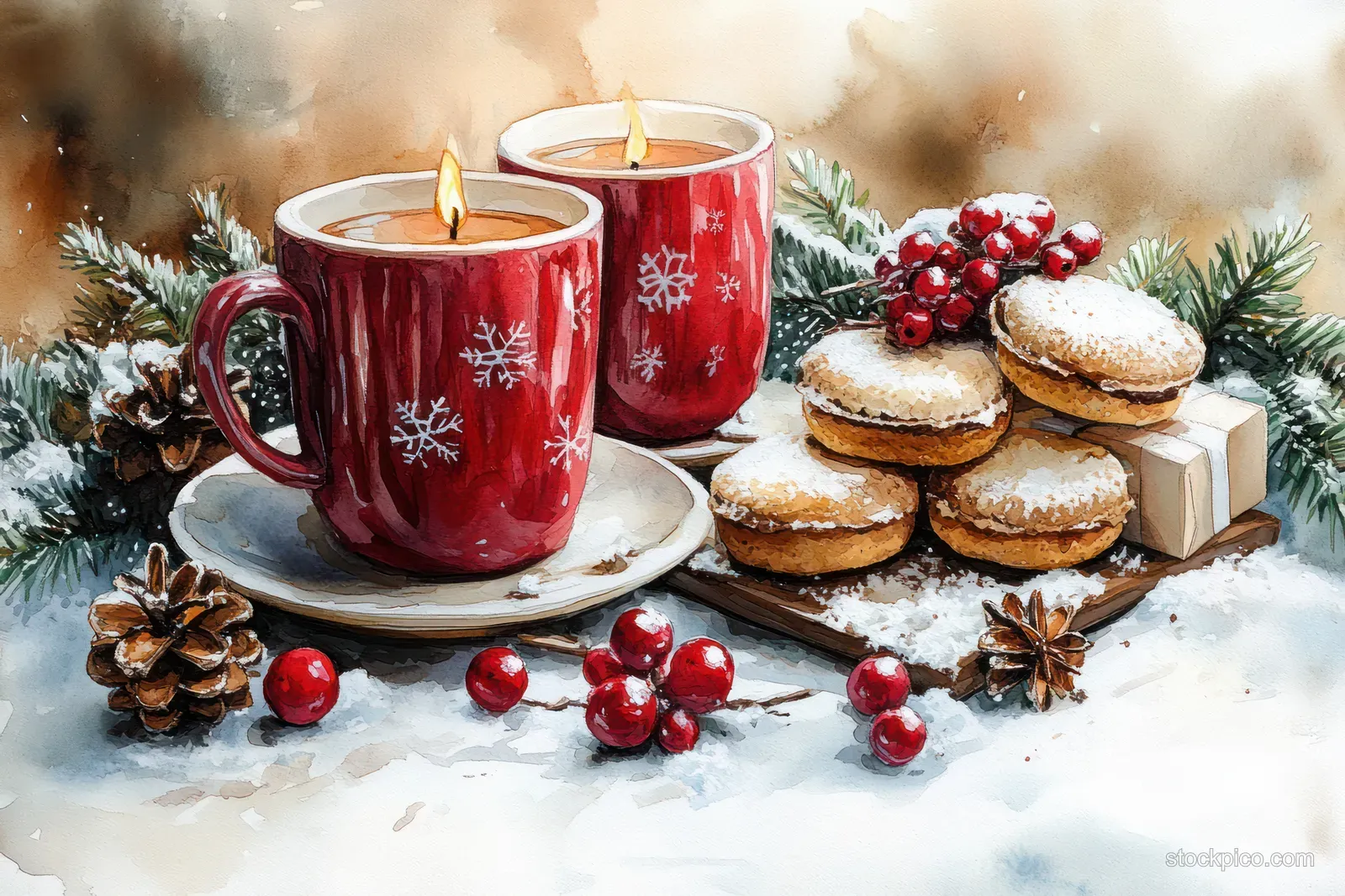 Two steaming holiday cocoa cups sit on a snowy table with cookies, pine branches, and berries around them.