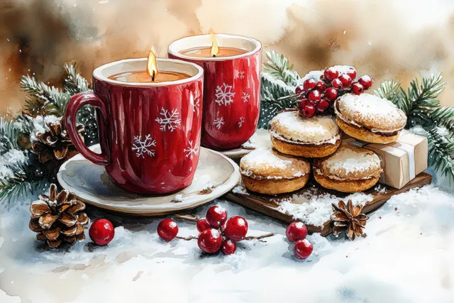 Two steaming holiday cocoa cups sit on a snowy table with cookies, pine branches, and berries around them.