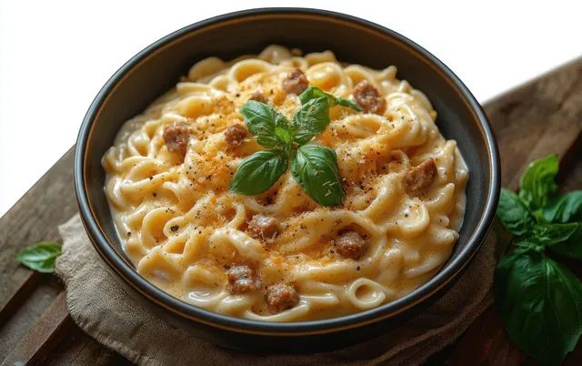 Creamy macaroni and cheese with browned sausage and fresh basil in a black bowl on a wooden table.