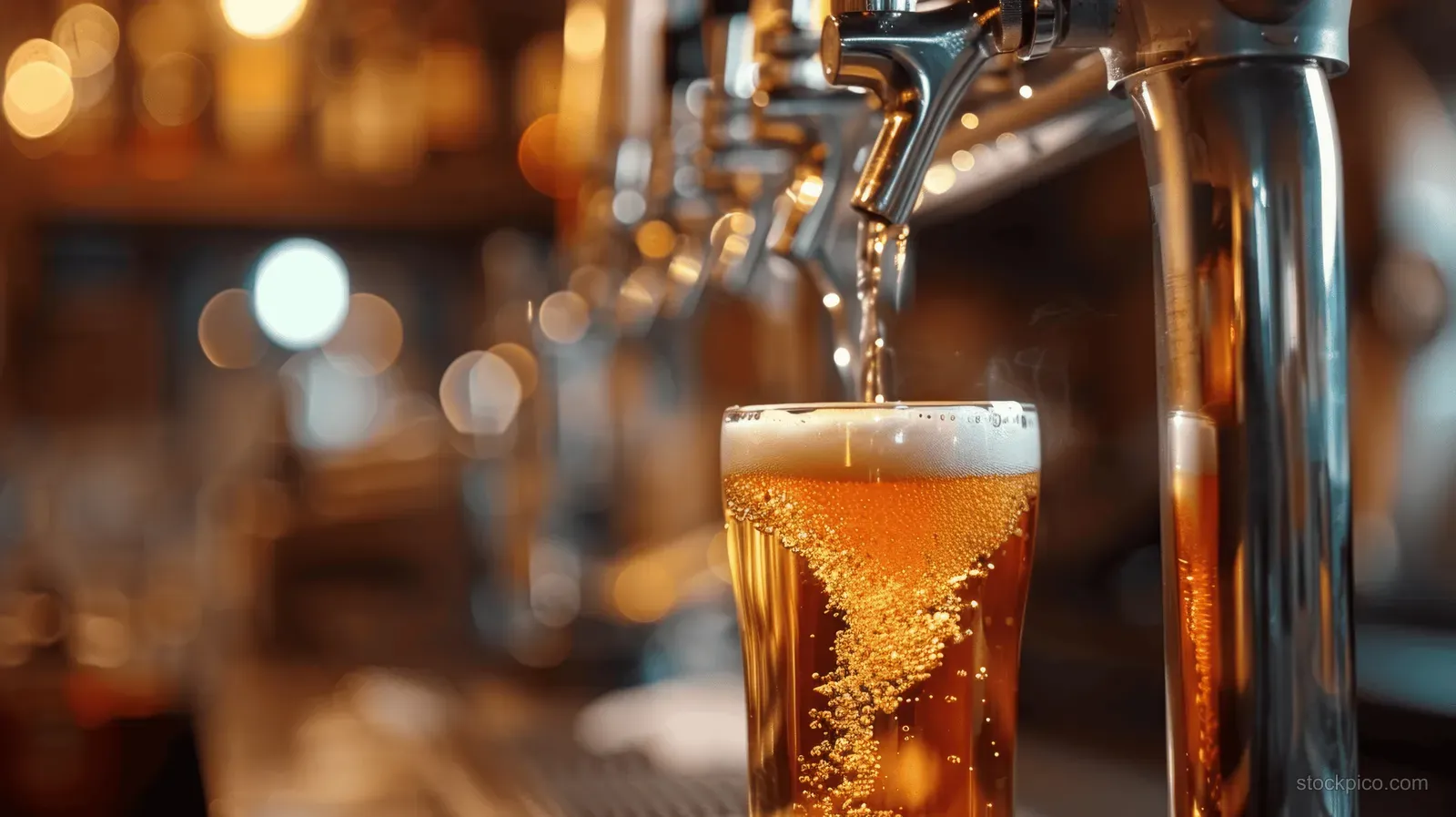 Golden beer pours from a bar tap into a frothy pint while the background pub stays blurred.