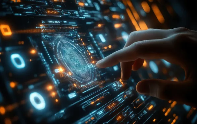 Uma mão toca um scanner de impressão digital em uma tela sensível ao toque futurista, cercada por elementos de interface brilhantes em azul e laranja.