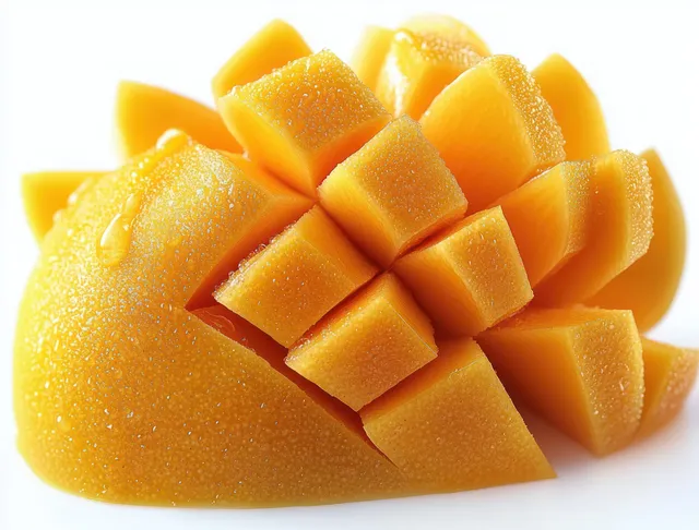 Ripe mango cubes with small water droplets arranged on a bright white background.