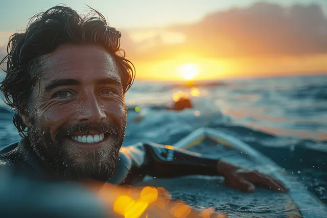 Smiling couple in wetsuits paddles on ocean water toward sunset waves while holding surfboards.