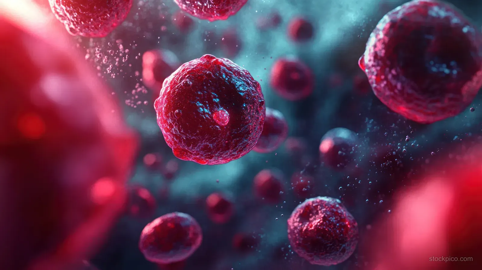 Microscopic red blood cells float in a red and blue fluid field with glowing highlights and detailed membranes.
