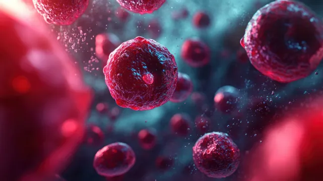 Microscopic red blood cells float in a red and blue fluid field with glowing highlights and detailed membranes.