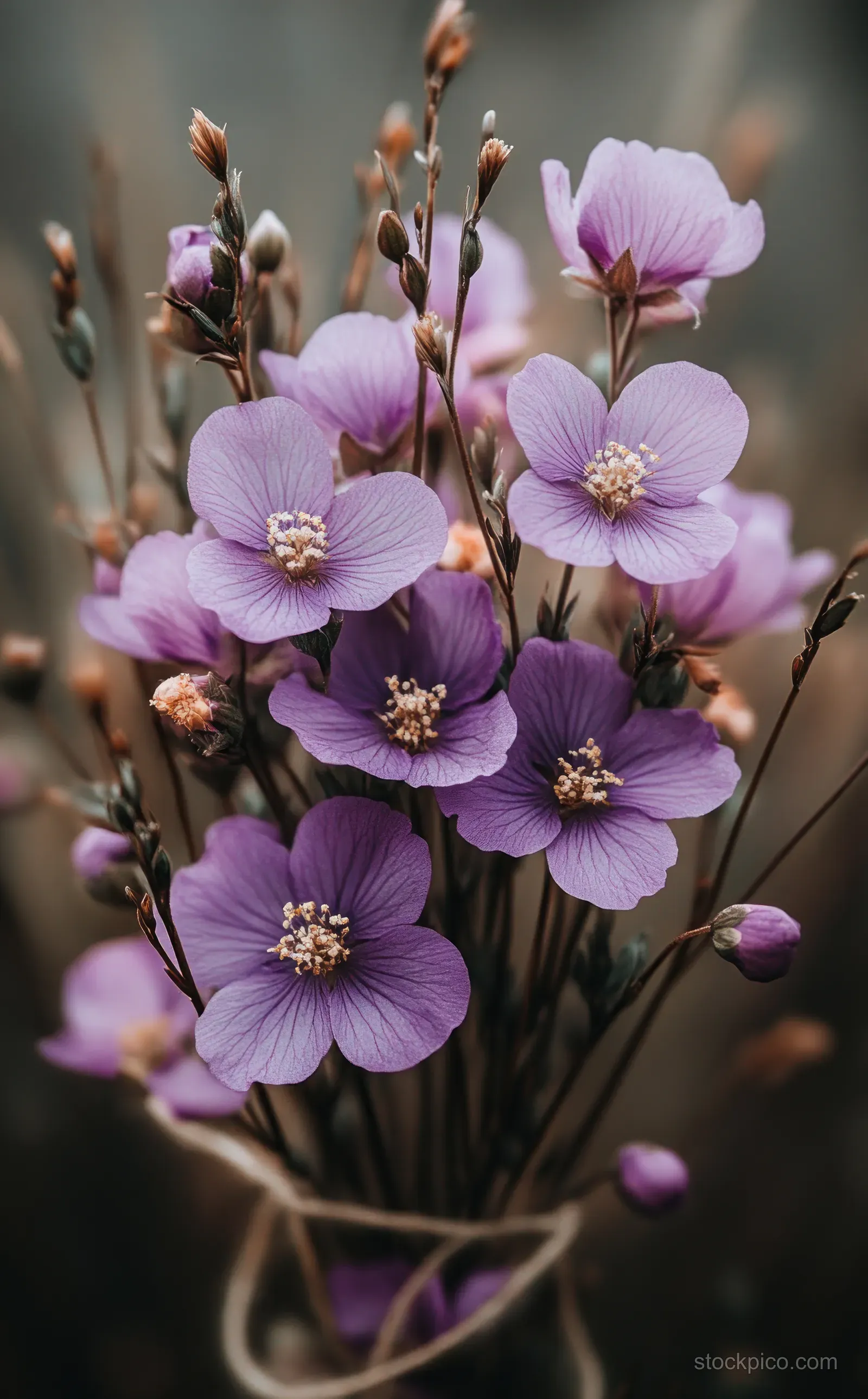 Dried purple flower bouquet tied with rustic twine, shown with soft natural light and blurred neutral background.