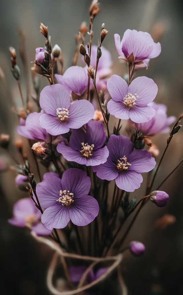 Dried purple flower bouquet tied with rustic twine, shown with soft natural light and blurred neutral background.