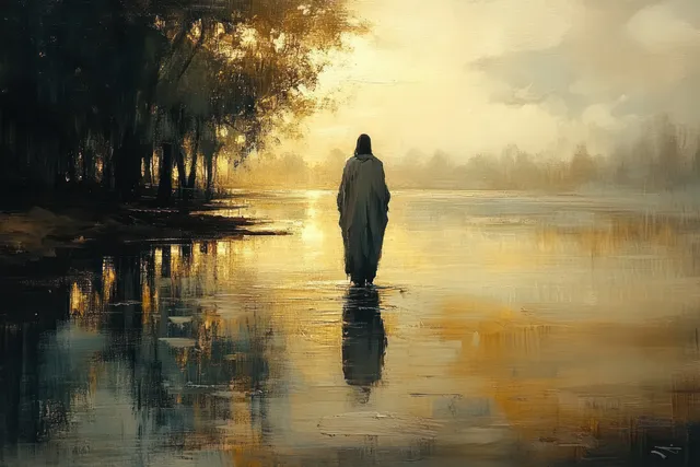 Jesus walking on water toward dawn, reflected silhouette across calm golden lake