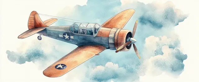Vintage cartoon airplane flying through watercolor clouds with soft mist and a warm sky background.