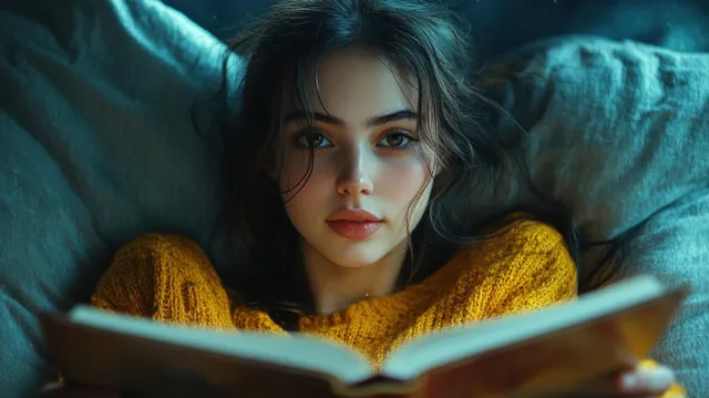 A woman in bed reads an open book under soft teal-toned evening light with a cozy blanket.