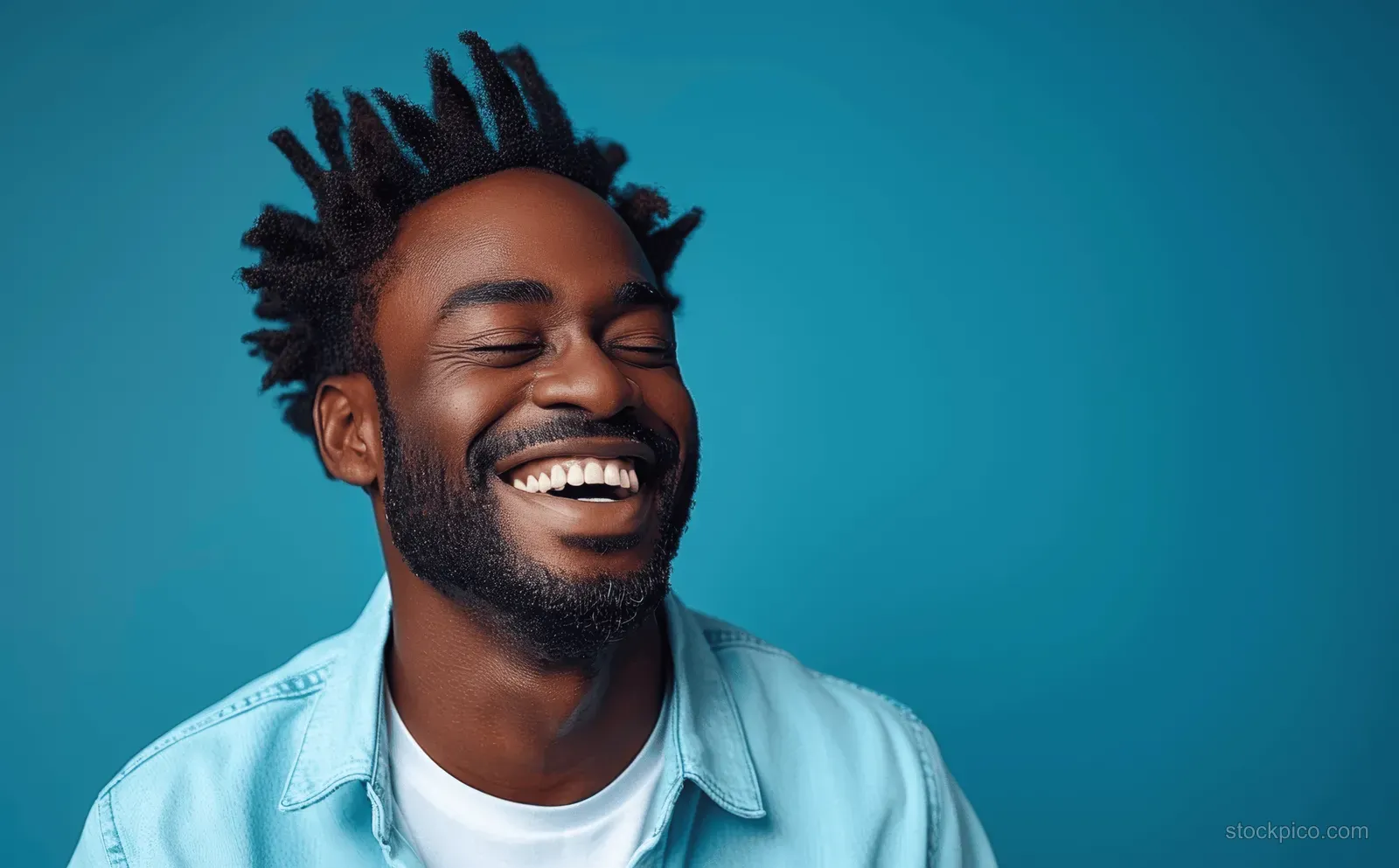 Laughing black man with eyes closed smiling in a blue minimalist studio portrait with soft film grain.