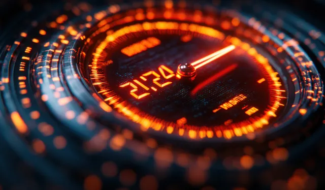 Close-up futuristic speedometer dial with red-orange glow, HUD rings, and an orange needle on a dark blurred background.