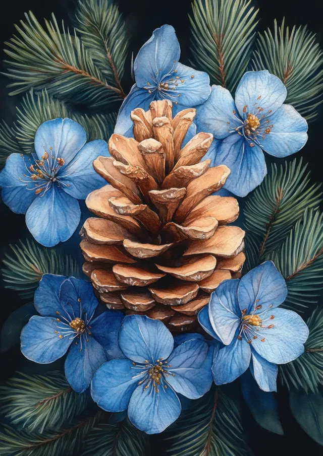 Brown pinecone surrounded by blue flowers and evergreen green leaves in a watercolor winter illustration.