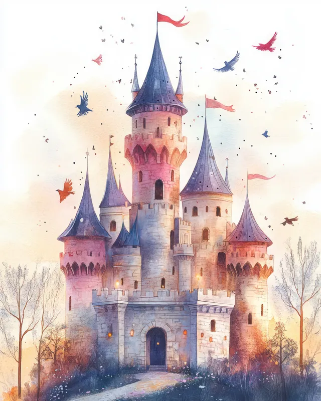 Watercolor fairy-tale castle with towers and flags, with birds and butterflies flying in a pastel sky.
