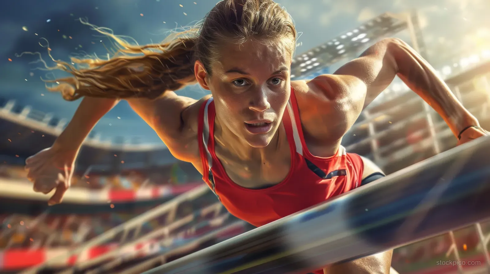 Female sprinter leans forward to clear a hurdle on an outdoor track with stadium lights and stands behind.