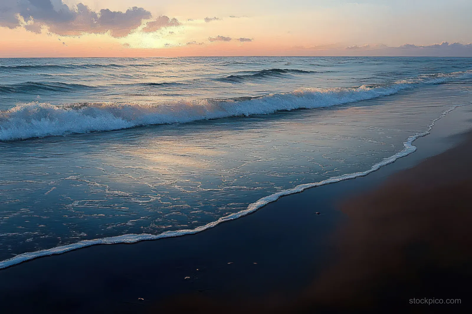 Dusk waves roll onto a sandy shoreline with shimmering ocean reflections and a pastel sunset sky.