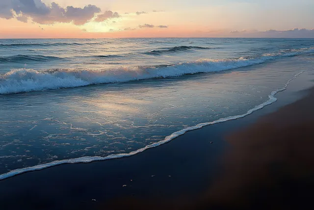 Dusk shoreline with gentle waves and ocean reflections, pastel sky over sandy beach