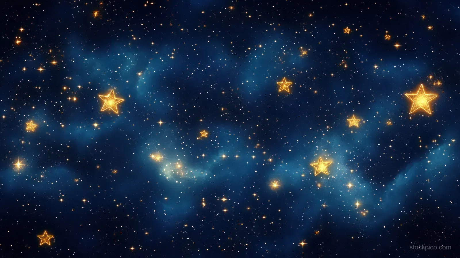 Golden stars twinkle over a deep blue night sky with faint misty cloud bands across the background.