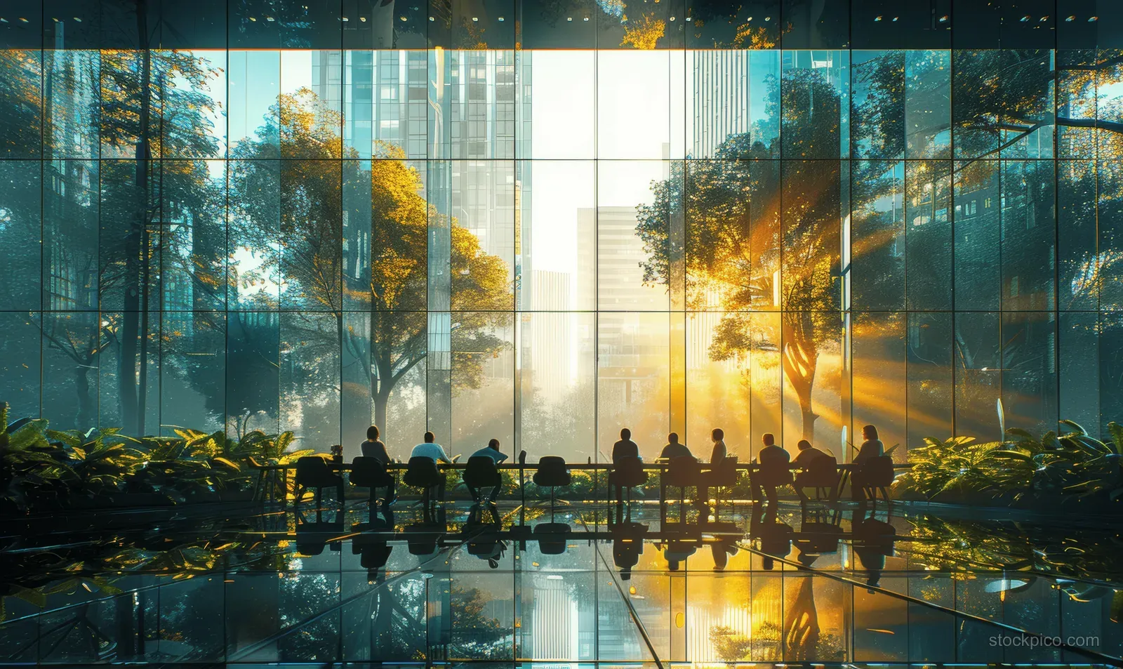 People work and collaborate in a sunlit office with glass walls, indoor plants, and reflective silhouettes.