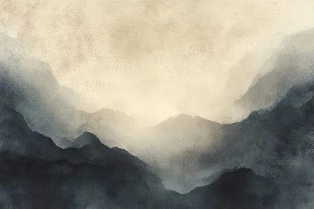 Sepia watercolor mountain mist gradient with soft cloud-like brush strokes and paper texture