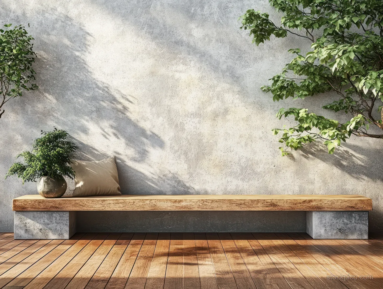 A wooden bench sits on a terrace in front of a textured concrete wall with plants and soft sunlight shadows.