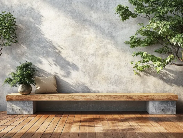 A wooden bench sits on a terrace in front of a textured concrete wall with plants and soft sunlight shadows.