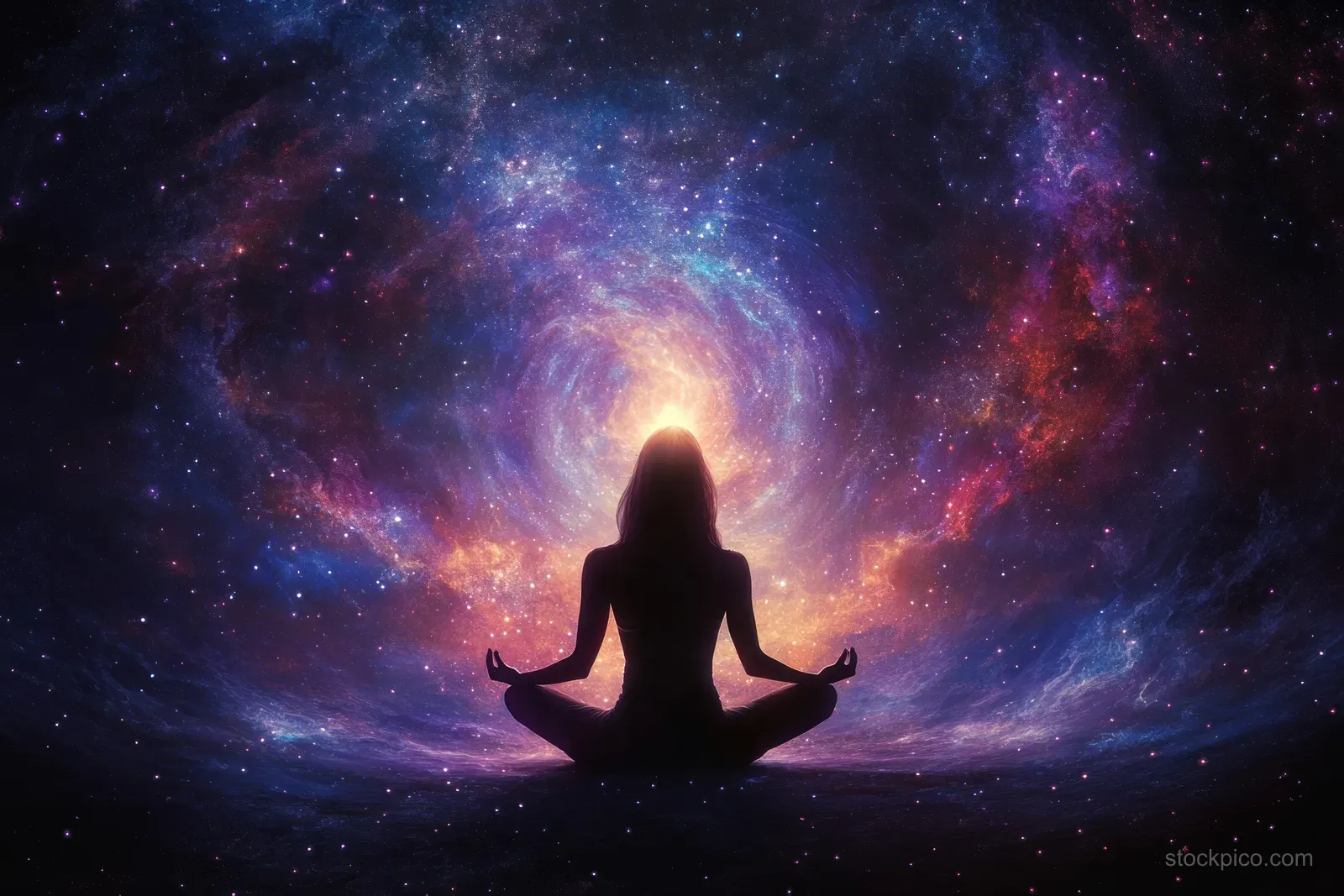 Silhouetted woman meditating in lotus pose within a colorful galaxy, glowing hands emitting mystical energy.