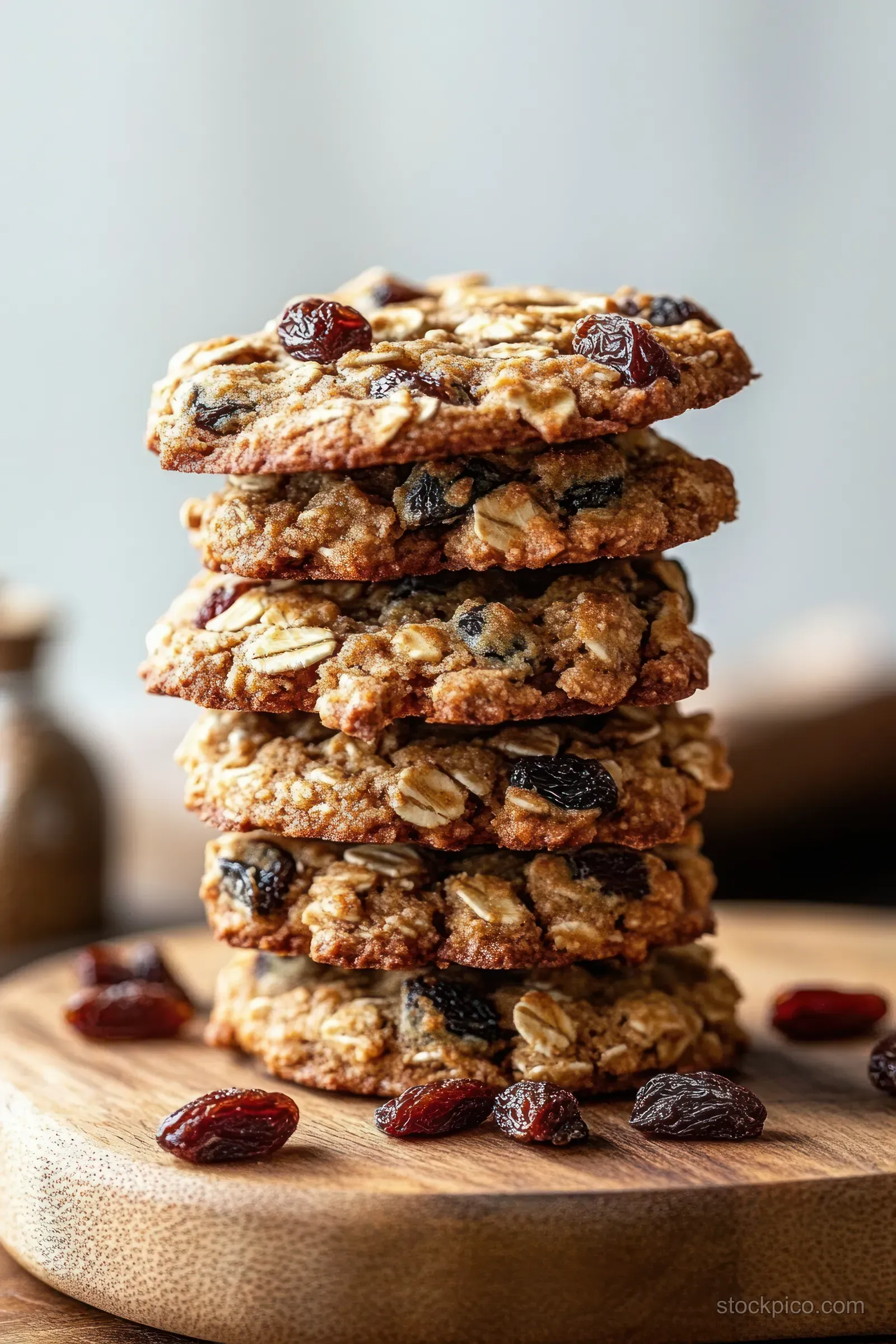 Stack of oatmeal raisin cookies on a wooden board with scattered raisins around them.