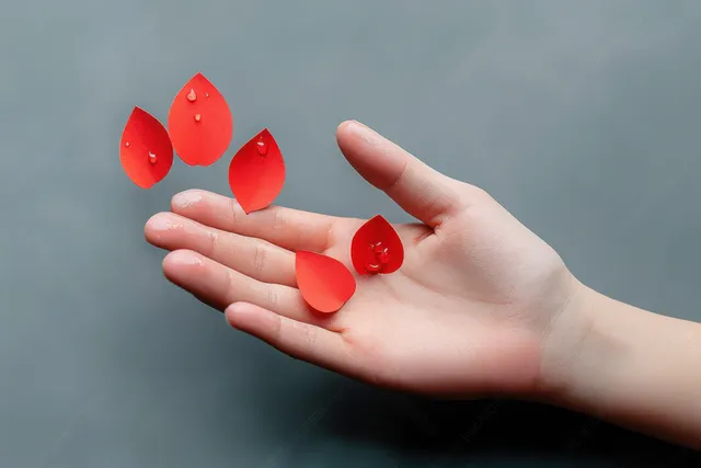 Human hand holding red blood drop cutouts on gray background with soft lighting