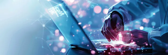 Doctor holding a tablet while glowing telehealth network holograms surround the medical environment.