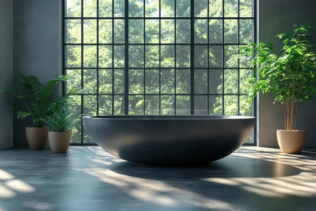 Round freestanding bathtub centered in a minimalist bathroom with potted plants and a large grid window.