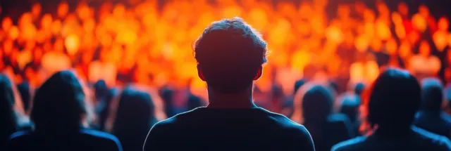 Silhouetted person stands facing a blurred crowd, glowing warm orange light filling the background.