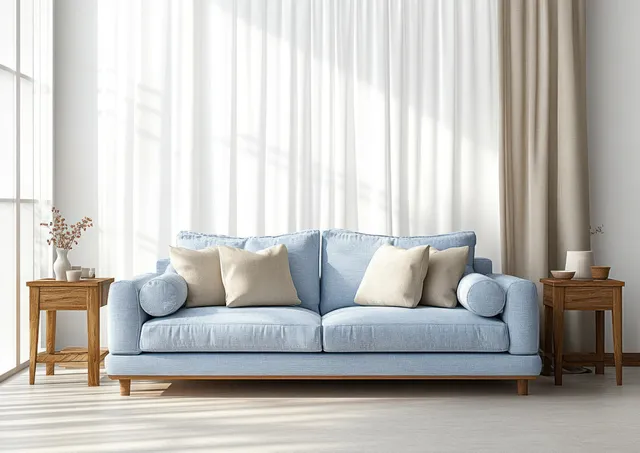 Scandinavian living room scene with light blue sofa, fluffy pillows, and sheer curtains