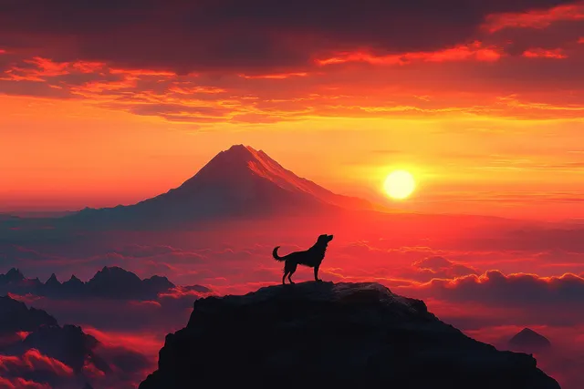 A dog silhouette sits on a rocky peak during sunset with distant mountains and glowing red clouds.
