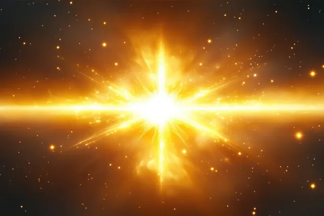 Golden starburst with radiant beams and glowing particles expanding on a dark background.