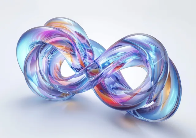 Iridescent holographic fluid glass knot with intertwined loops floating on a white background.