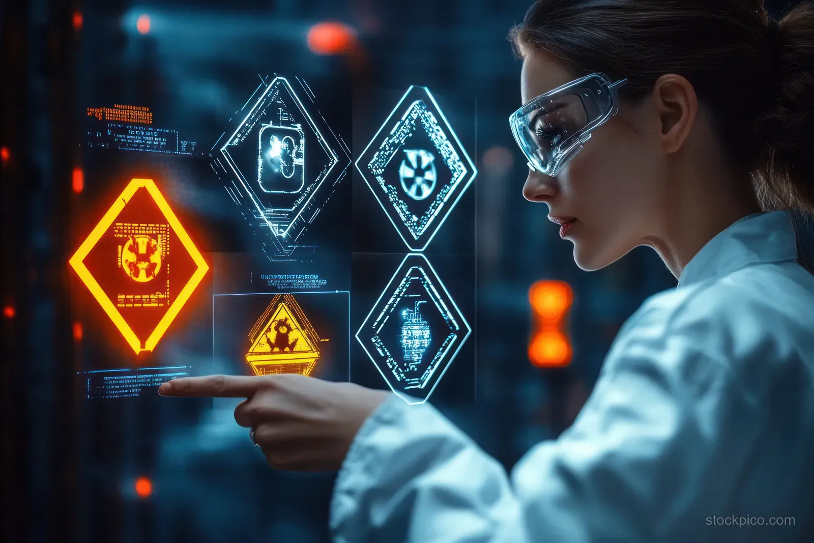 Young scientist in lab coat points at glowing holographic chemical hazard icons inside a dark laboratory.