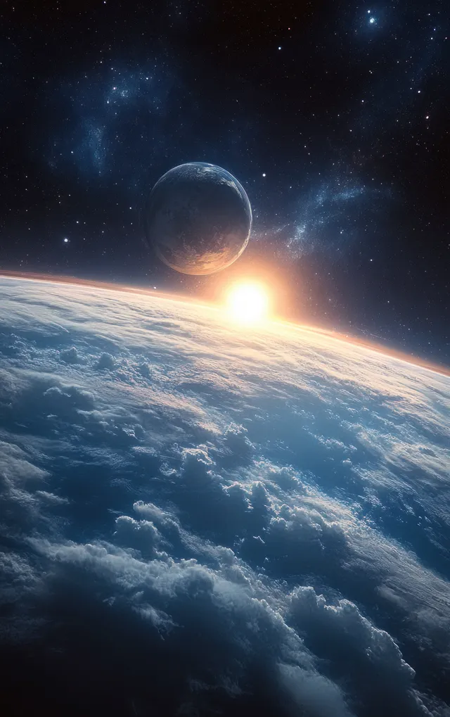 Earth horizon with glowing sunrise limb and swirling clouds under deep space stars