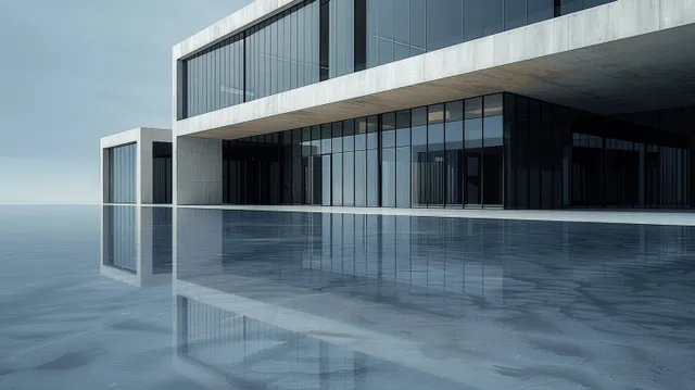White glass modern building exterior with sharp corners and reflections mirrored on still water.