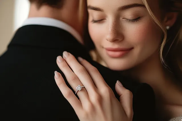 Woman with eyes closed embraces partner in a black suit while her hand shows a diamond engagement ring.