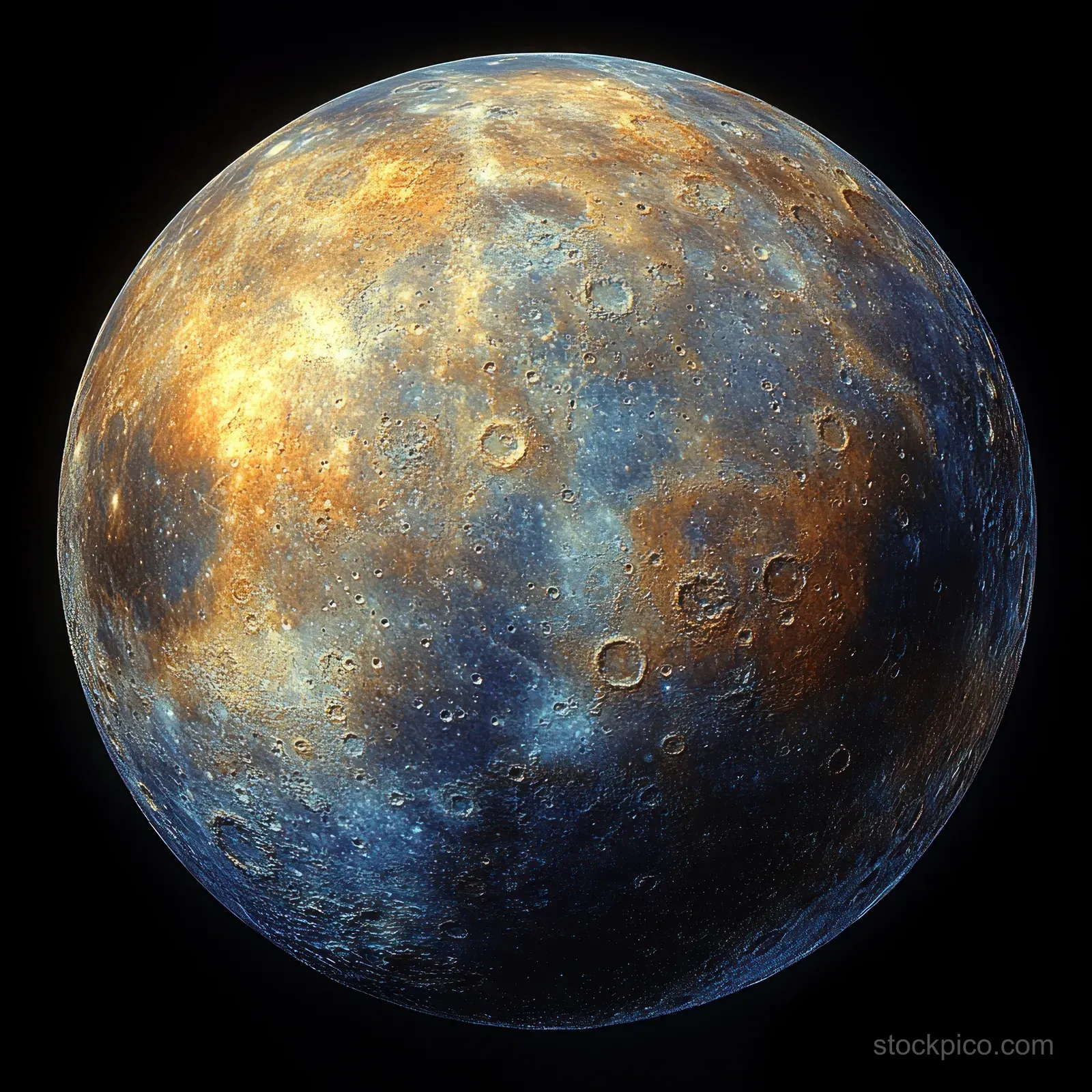 A cratered moon-like planet with orange and blue textures floating in dark space.