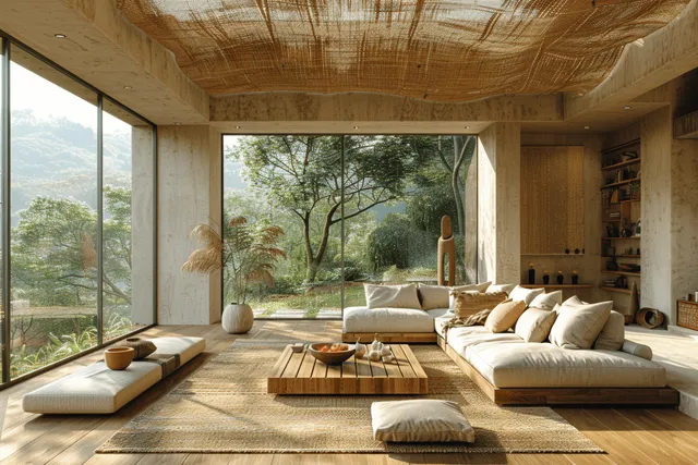 Beige sofas and wooden furniture sit in a Japandi living room, with large windows showing a panoramic mountain landscape.